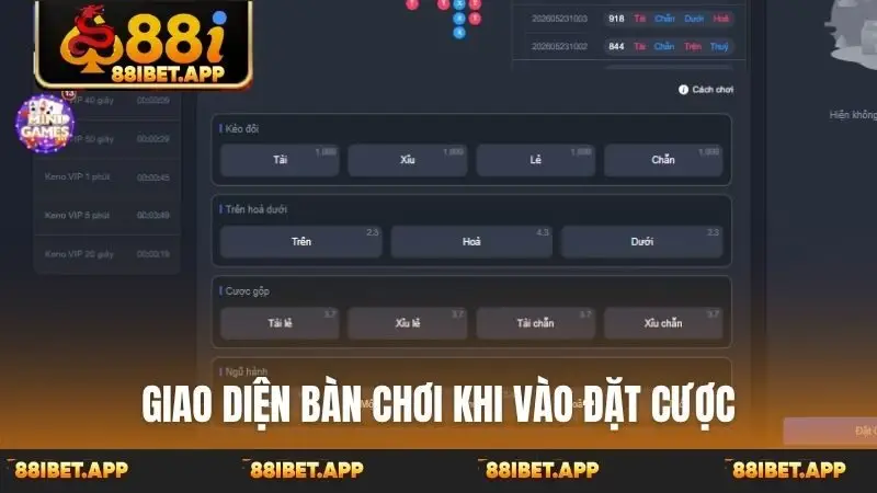 Giao diện bàn chơi khi vào đặt cược